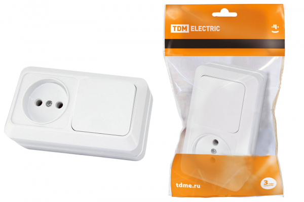 Блок комбинированный выкл. 1-кл. 10А + розетка 2П 10А 250В БКВР IP20 белый Ладога