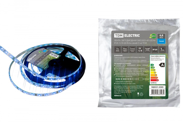 Лента светодиодная SMD2835-60 LED/м-IP20-12 В-4,8 Вт/м-синий (5 м) TDM Лента светодиодная SMD2835-60 LED/м-IP20-12 В-4,8 Вт/м-синий (5 м) TDM